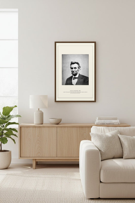Lincoln Cracked Plate print framed above a sideboard with a fiddle-leaf fig and stacked books
