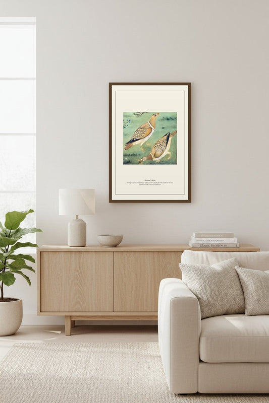 Mansur's Birds print framed above a white brick fireplace mantel