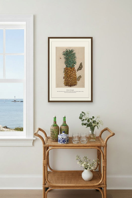 Merian's Pineapple in a wood-paneled dining room above a sideboard and lamp