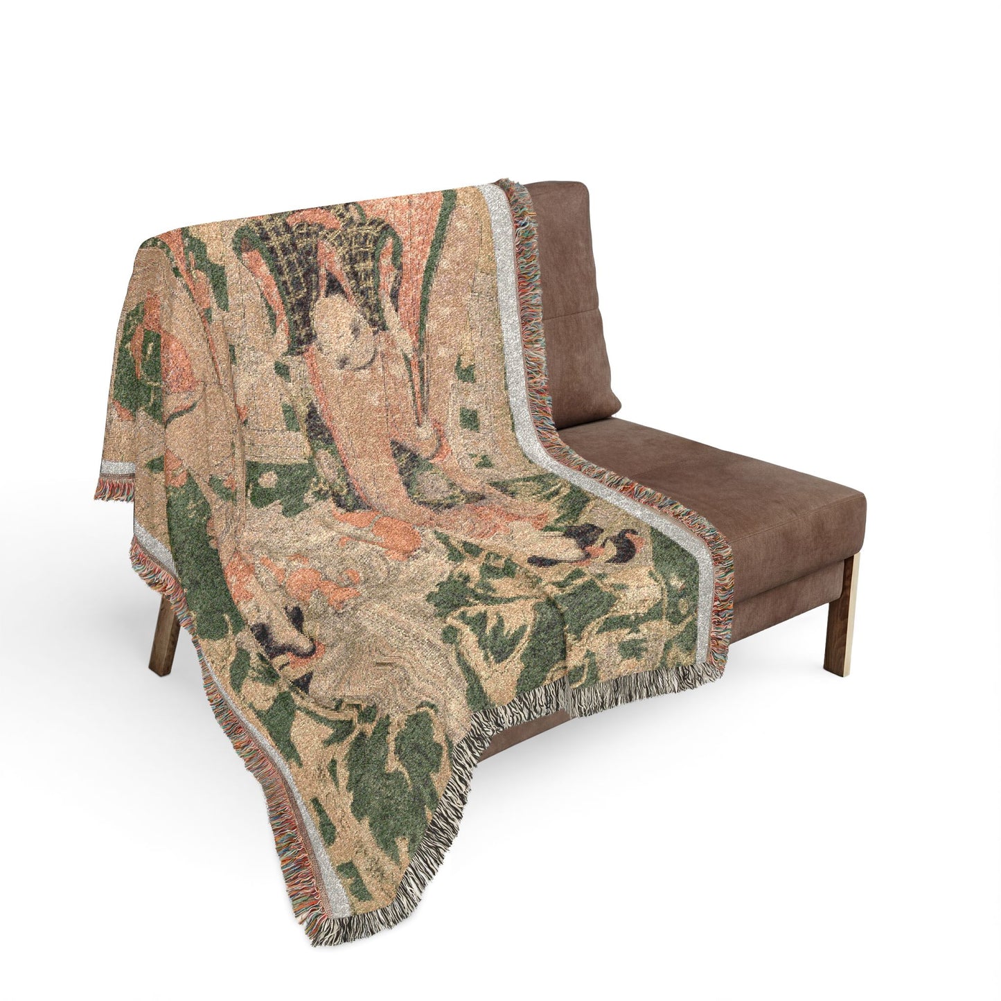 Mount Haruna in Kozuke Province woven throw blanket over sofa, sandy Japanese woodblock scene with green foliage and birds
