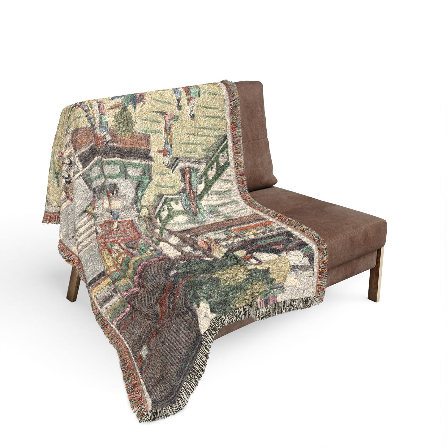 Music in the Jade Palace woven throw blanket over loveseat, sage-green courtyard with jade balustrade, fringe
