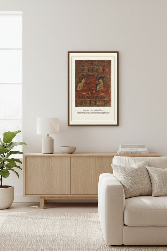 Nagarjuna with a Buddhist Master thangka framed above a light wood sideboard beside a potted fig tree