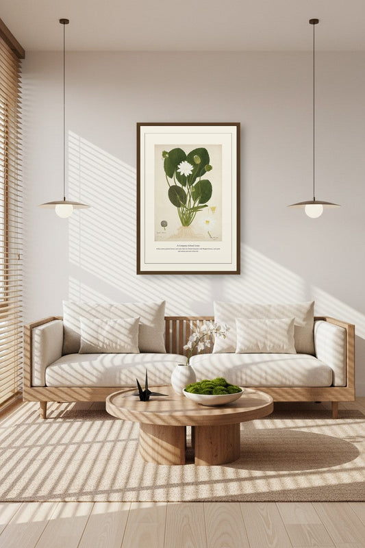 A Company-School Lotus above a cream sofa in a sunlit slat-shadowed room