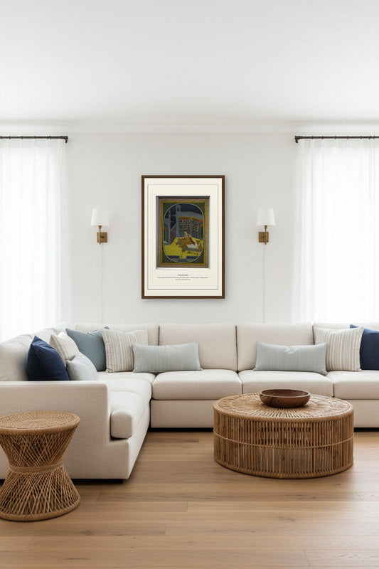 A Nayika Waits miniature framed above a coastal-style sectional sofa with a rattan coffee table