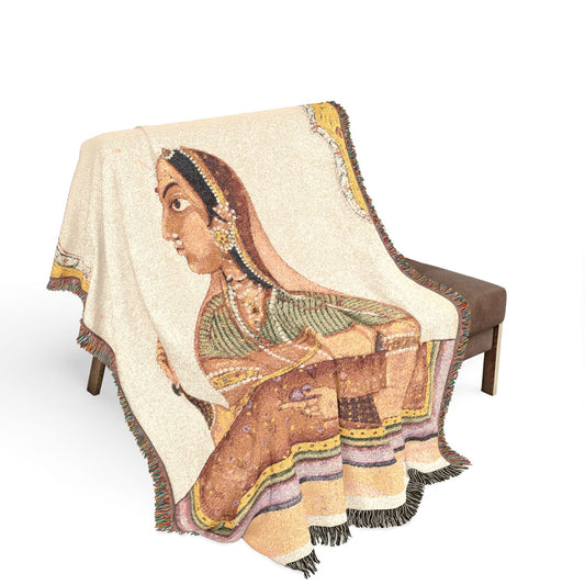 Noblewoman at a Jharokha Window throw blanket over bench, cream ground with Mughal court portrait, fringe edges