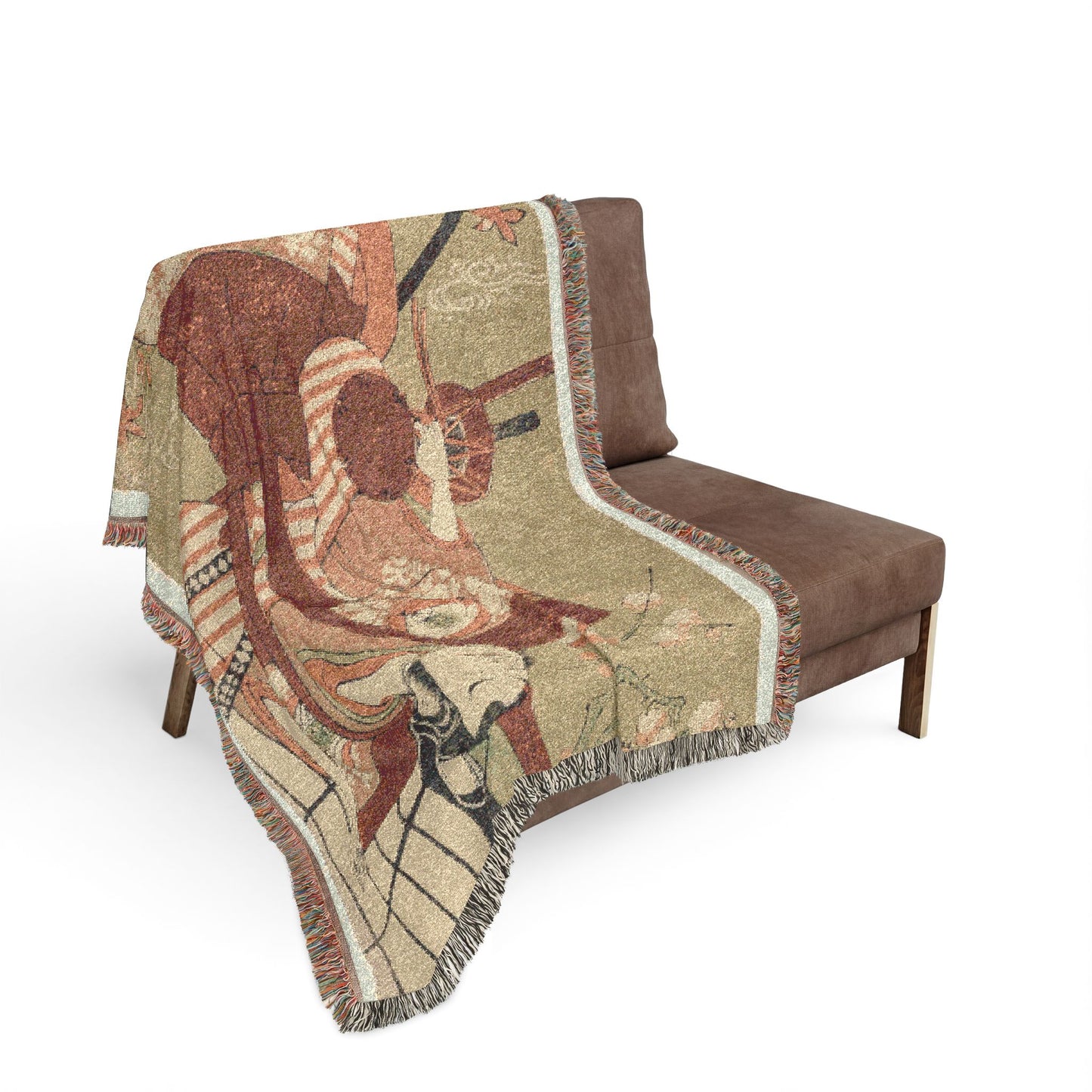 Onoe Kikugoro kabuki throw blanket on armchair kabuki actor sword striped kimono terracotta sage tones fringed