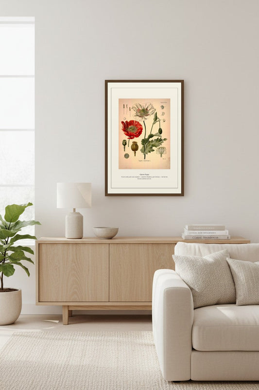 Opium Poppy print framed above a white brick fireplace mantel in a living room