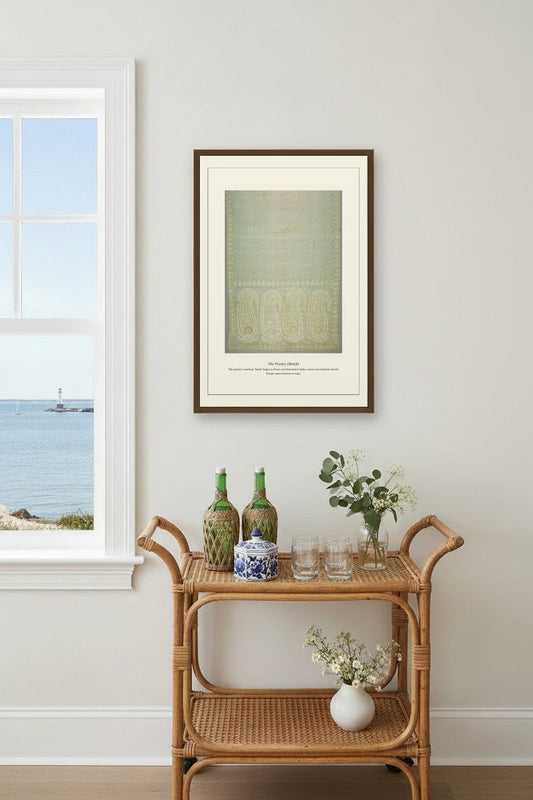Paisley Boteh shawl print above a rattan bar cart near a coastal window