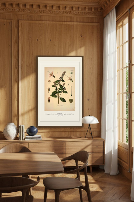 Peppermint print framed in a wood-paneled dining room above a sideboard with ceramic vases