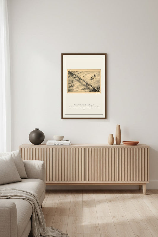 Pictorial St Louis the Great Metropolis print framed above a low sideboard in a minimalist living room