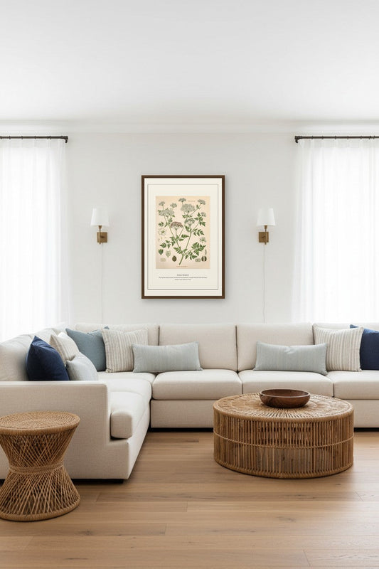 Poison Hemlock print framed above a beige sofa in a bright coastal living room