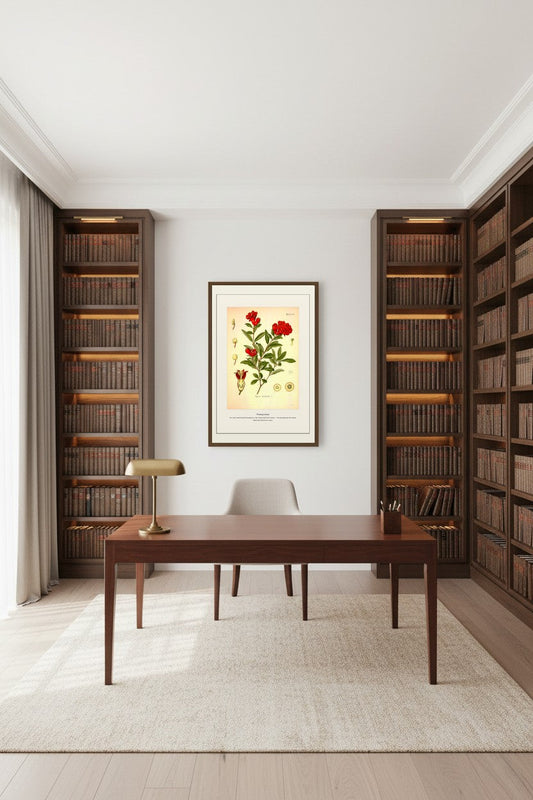 Pomegranate print hung in a wood-paneled home office between built-in bookshelves