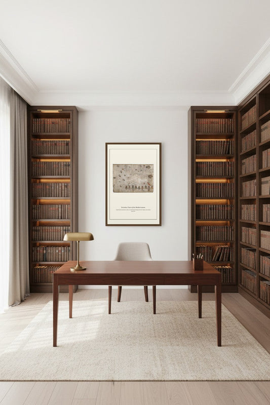 Portolan Chart of the Mediterranean print framed above a wooden desk between built-in bookshelves