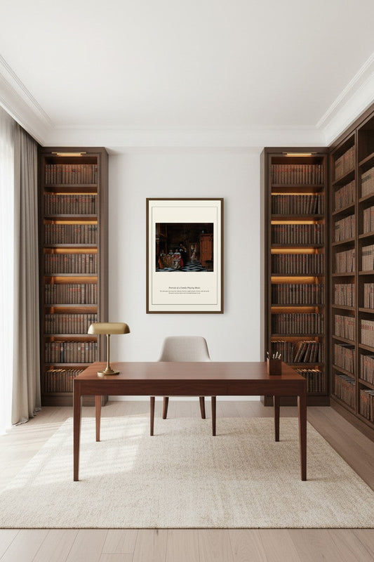 Portrait of a Family Playing Music print framed above a wooden desk between built-in bookshelves