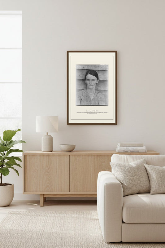 Sharecropper's Wife photo print framed above a light wood console table