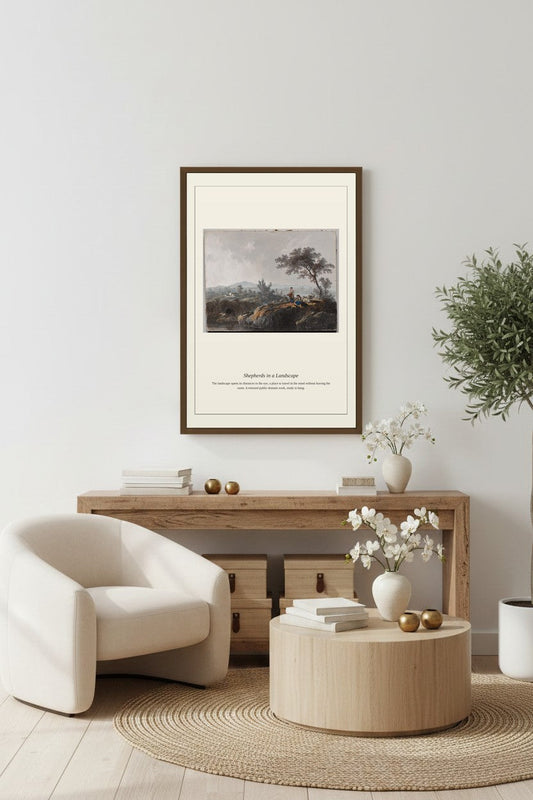 A framed art print featuring a classical landscape painting with text below, displayed on a light gray wall above a wooden console table in a modern, minimalist living room setting.