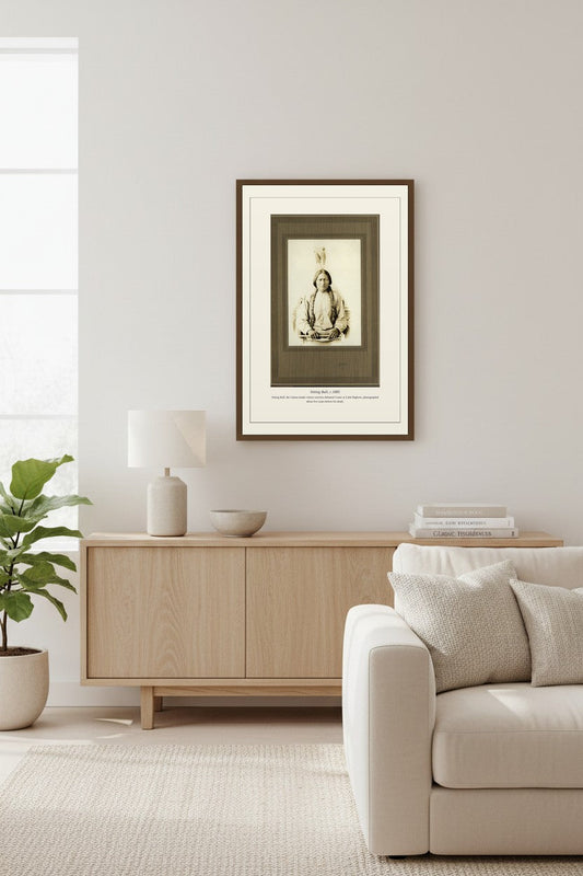 Sitting Bull photograph in a wood frame above a ribbed light sideboard