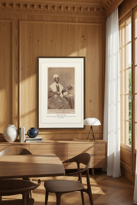 Sojourner Truth historical photo framed in a wood-paneled dining room