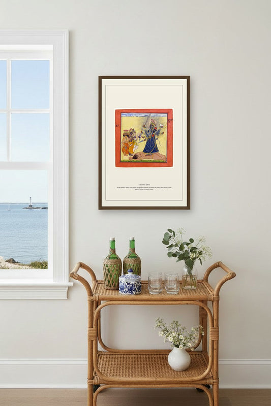 A Tantric Devi framed above a rattan bar cart beside a window with ocean view