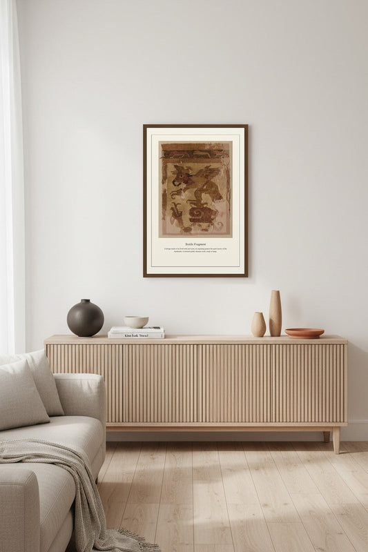A framed art print featuring a still life painting with a boat and figures, styled on a light beige wall above a wooden console table in a modern living room setting.