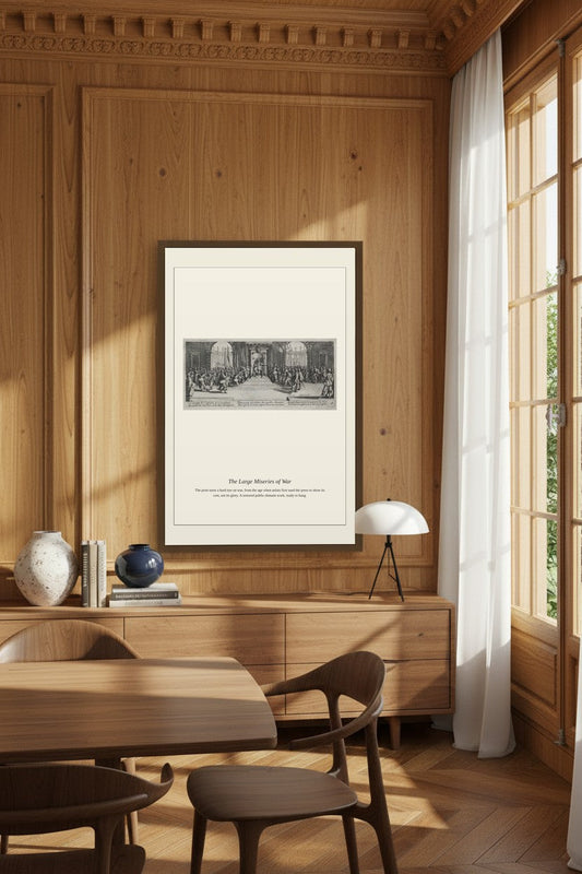A framed black and white art print titled 'The Large Mirror of Nature' is displayed on a light wood-paneled wall in a warm, modern dining room setting with wooden chairs, a table, and a window with sheer curtains.