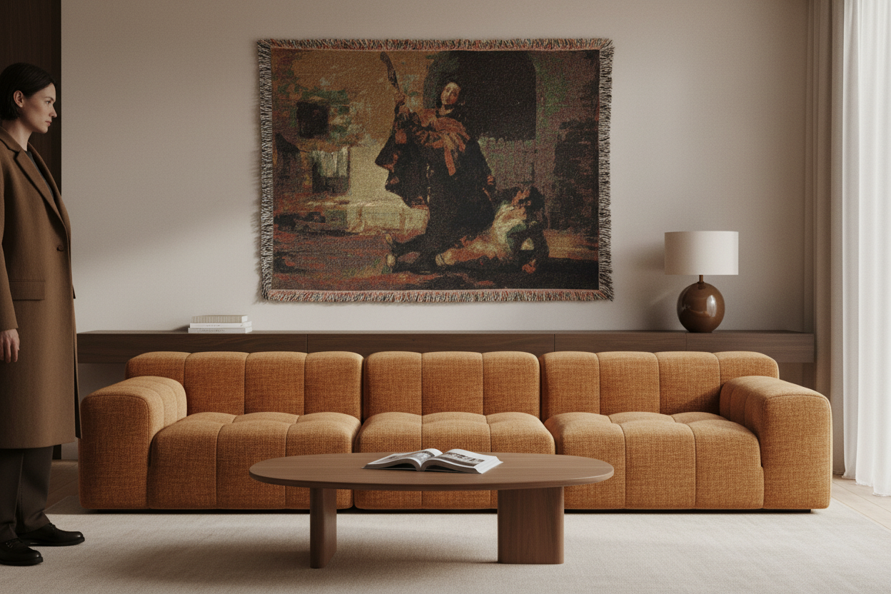 Antique print framed in a styled room