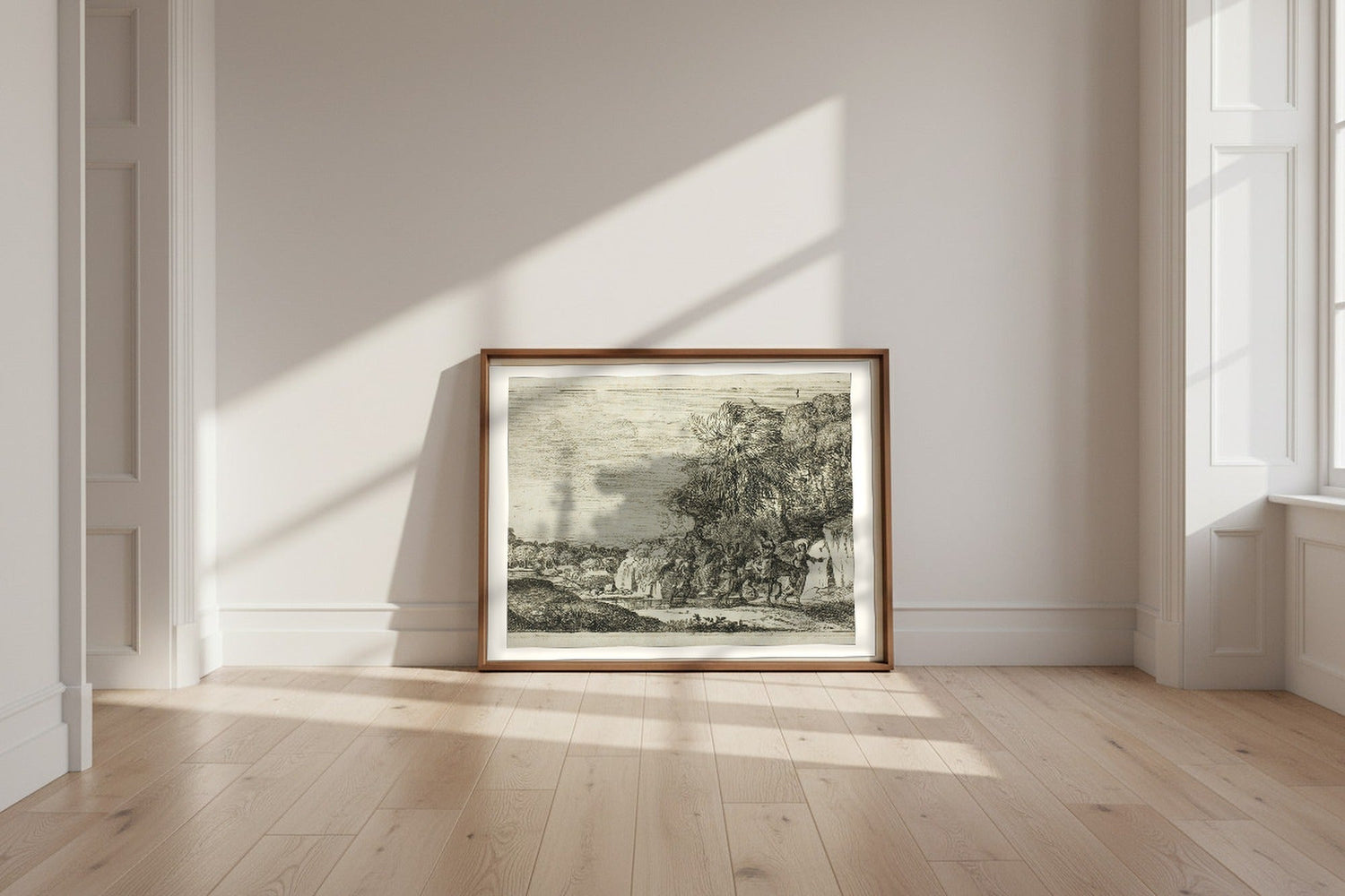 The Flight into Egypt — Claude Lorrain Fine Art Poster shown framed and leaning against a wall in a sunlit room