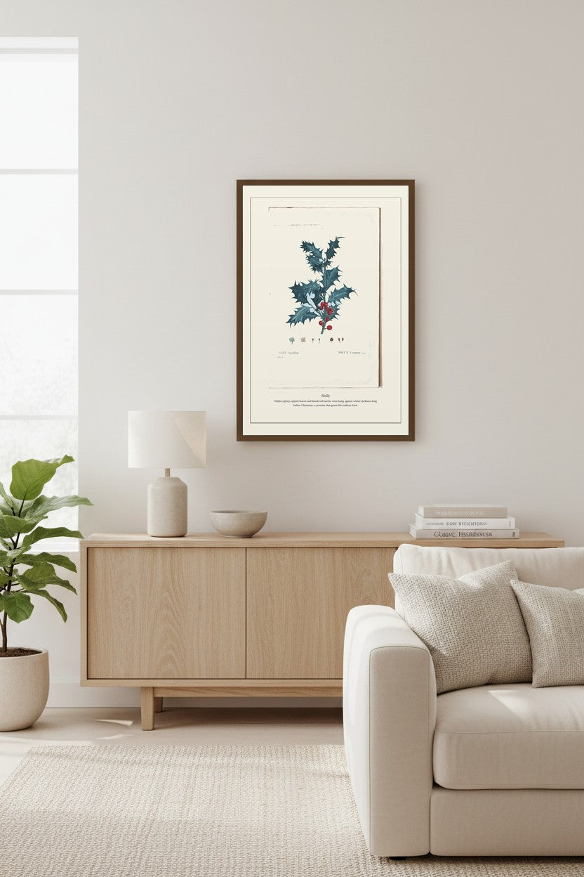 Antique botanical plate framed in a styled room