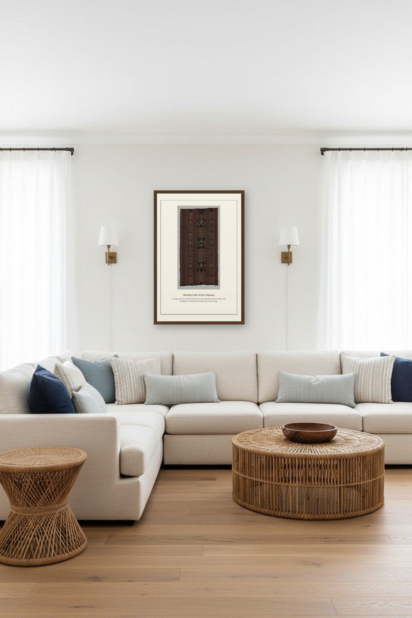 Antique textile print framed in a styled room
