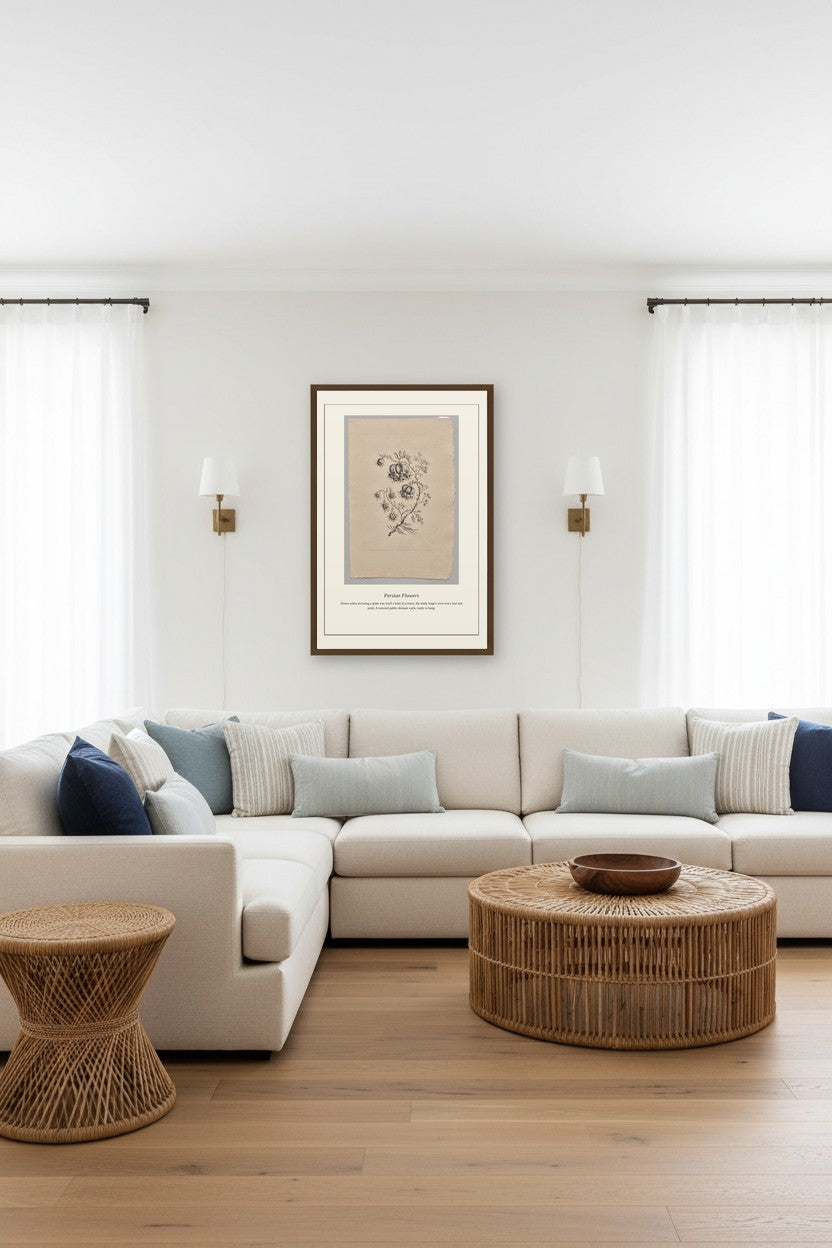 Antique botanical print framed in a styled room