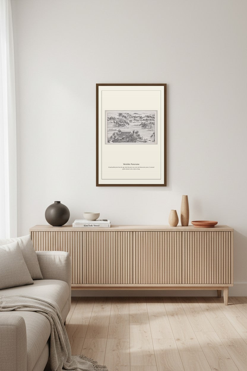 Antique map print framed in a styled room