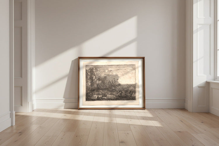 The Tempest — Claude Lorrain Fine Art Poster shown framed and leaning against a wall in a sunlit room