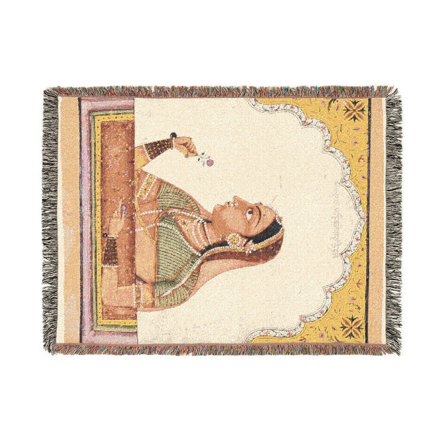 Noblewoman at a Jharokha Window Holding a Rose, from a Portraits of Women series Woven Throw Blanket