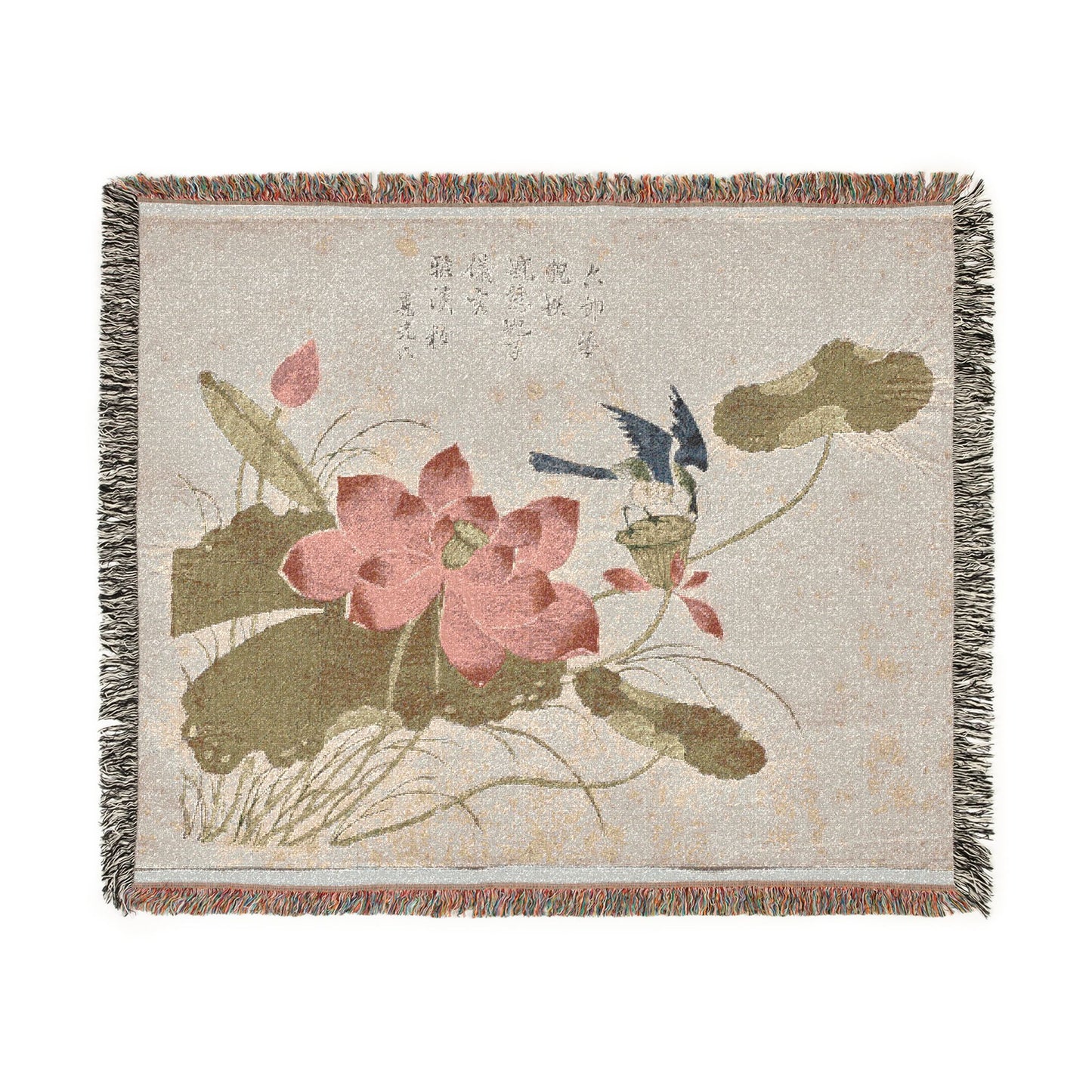 Bird on Lotus Woven Throw Blanket