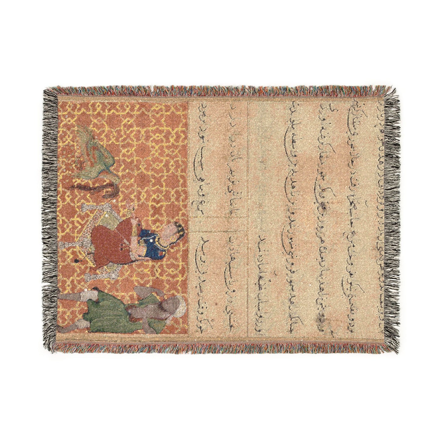 The bird of seven colors brings a sable to the pious man, from a Tuti-nama (Tales of a Parrot): Fifty-second Night Woven Throw Blanket