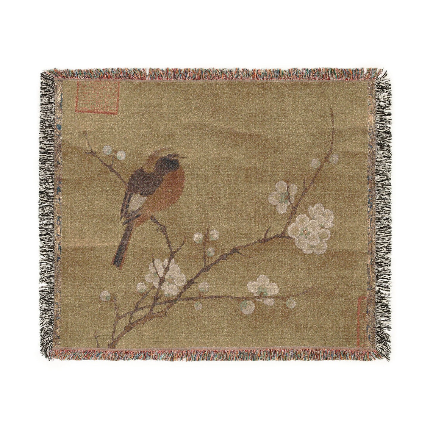 069_bird-on-a-flowering-branch | Woven Tapestry Blanket