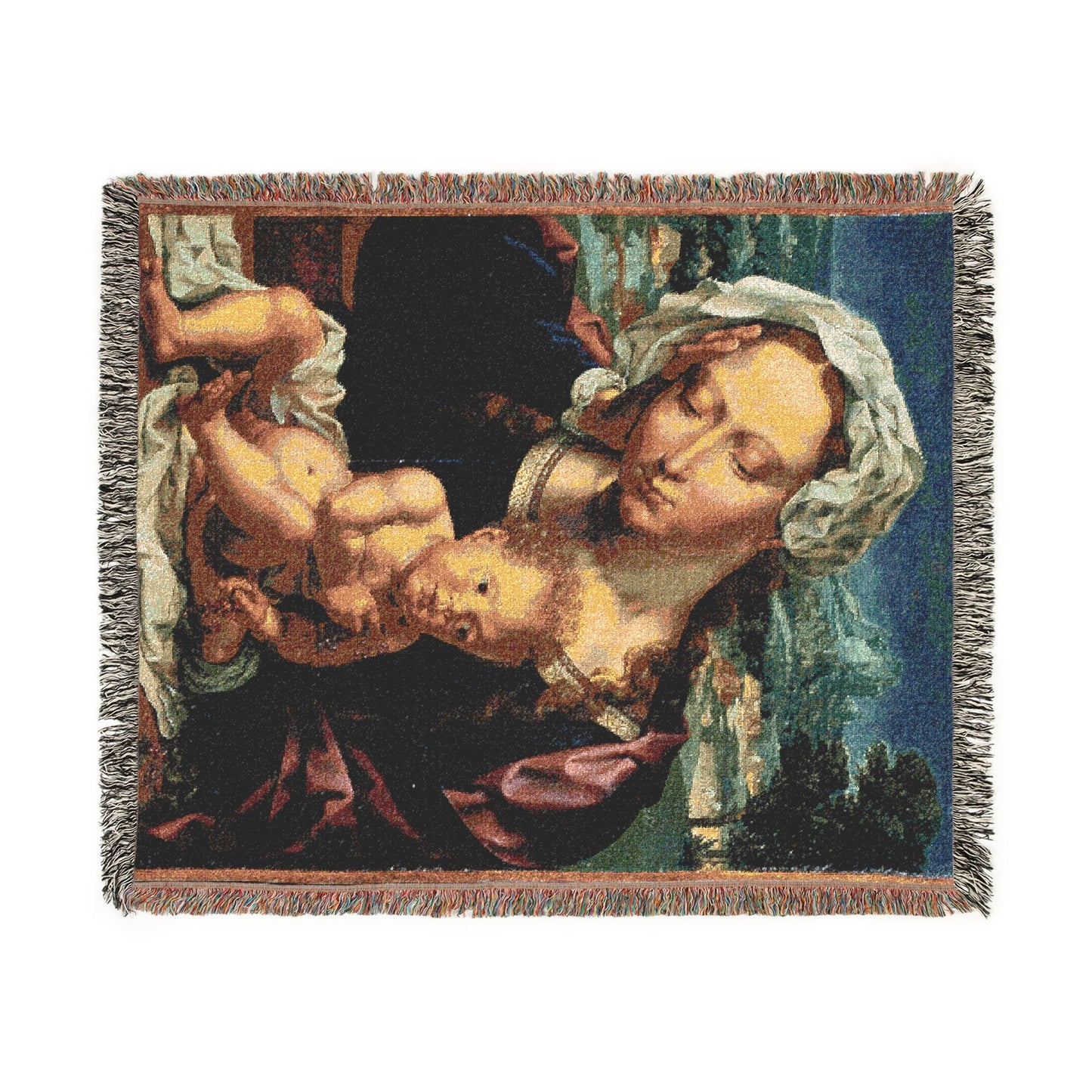 Virgin and Child in a Landscape Woven Throw Blanket