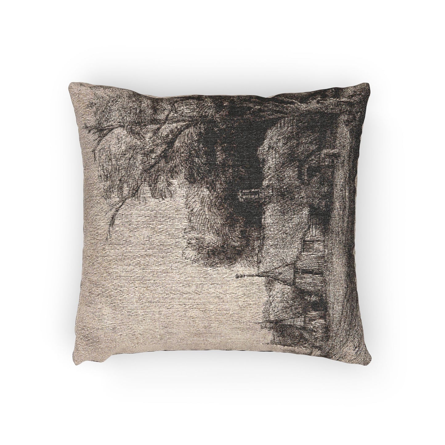 Rembrandt van Rijn - Landscape with Three Gabled Cottages Beside a Road | Woven Pillow