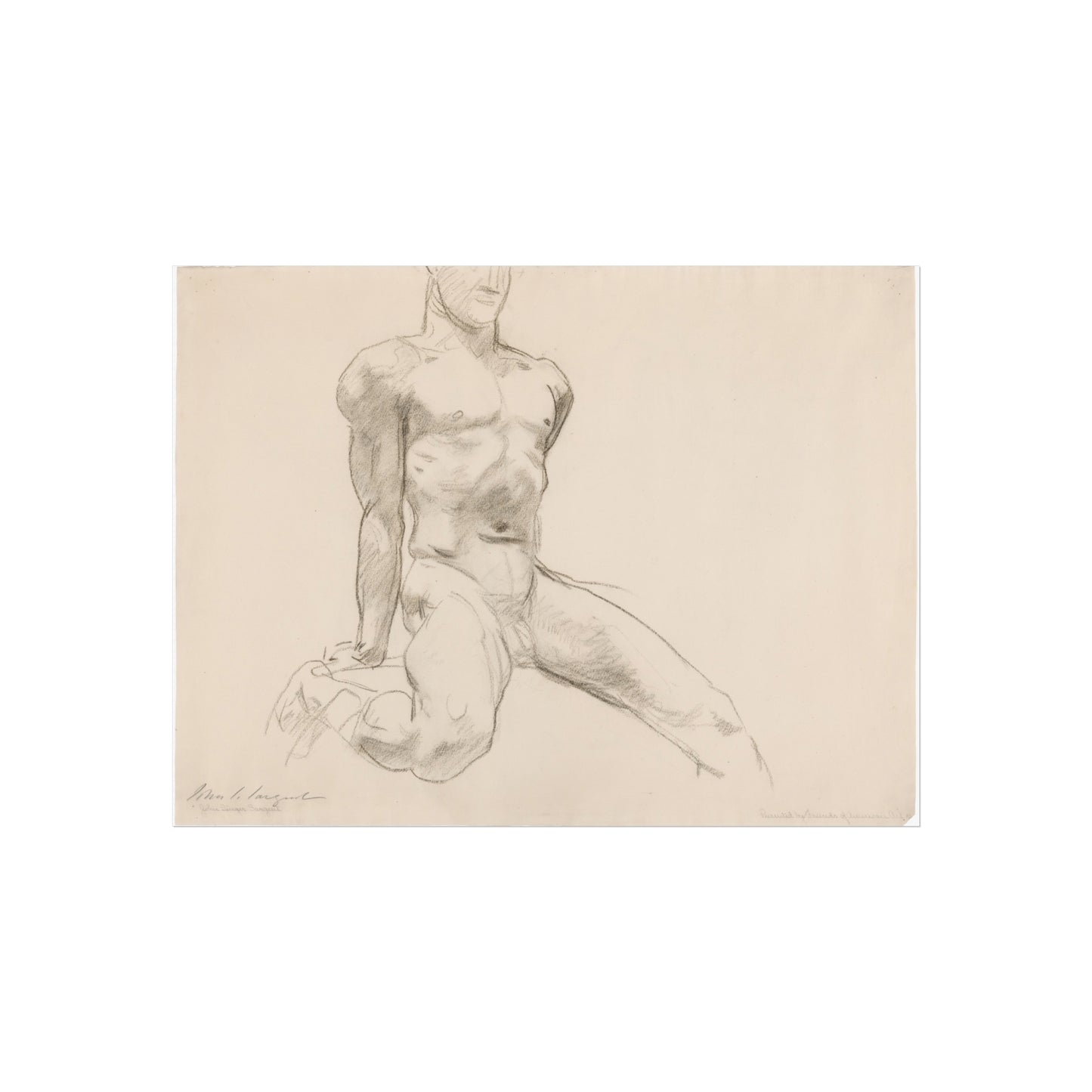John Singer Sargent - Seated Male Nude with Extended Leg (recto); Sketch of Kneeling Male Nude and Divided Circle (verso | Fine Art Poster