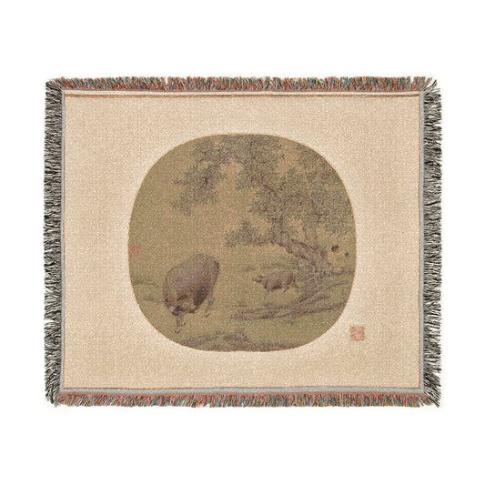 Man Buffalo and Calf Tapestry Blanket