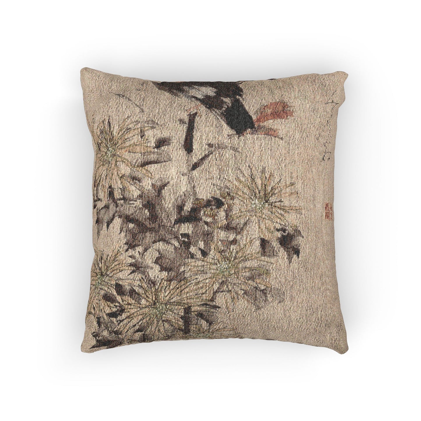 Crested Myna Birds and Chrysanthemums Woven Pillow