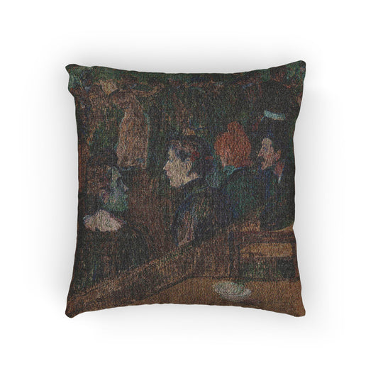 A square throw pillow featuring a textured, woven print of a classic impressionist painting depicting figures in a dark interior, shown against a plain white background.