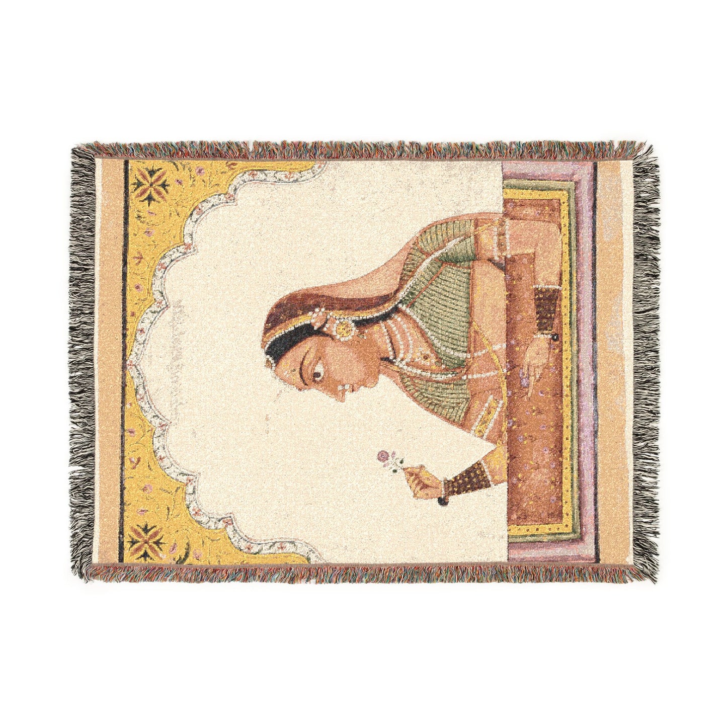 Noblewoman at a Jharokha Window Holding a Rose, from a Portraits of Women series Woven Throw Blanket