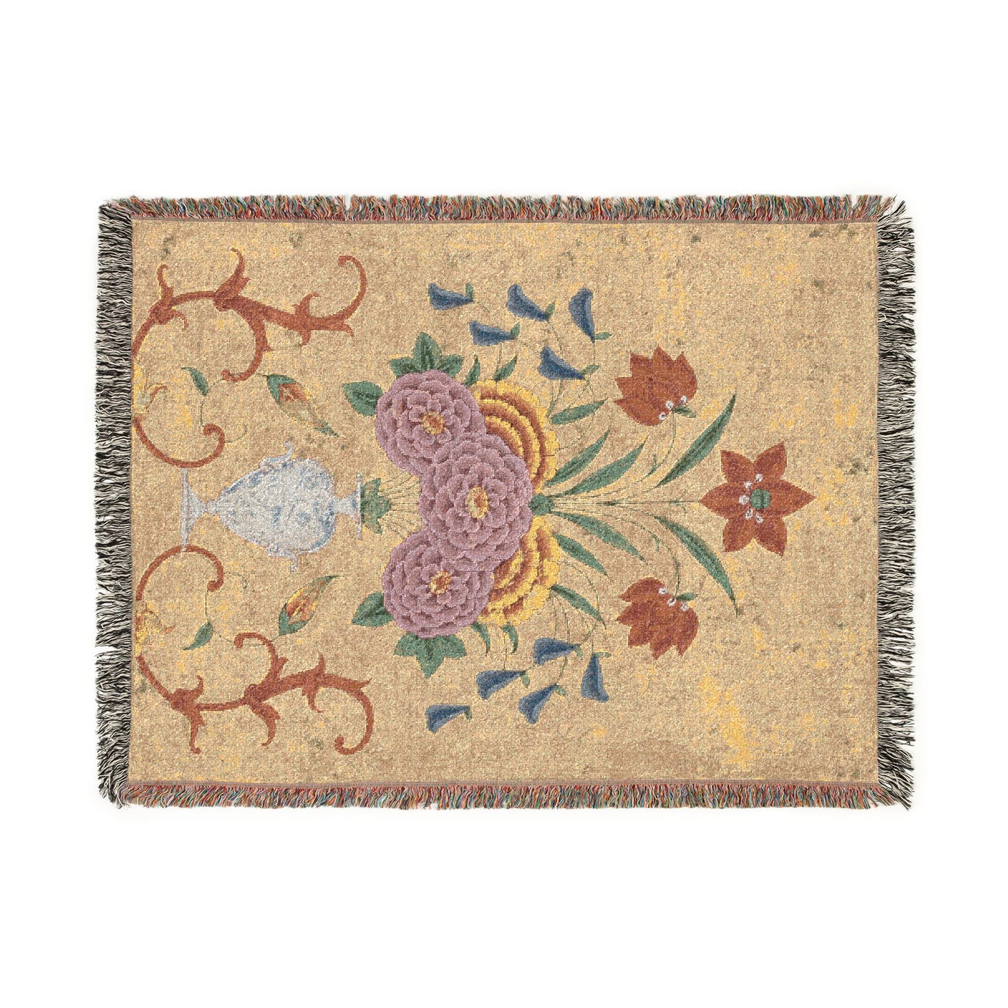 Vase with flower arrangement and scrollwork Woven Throw Blanket