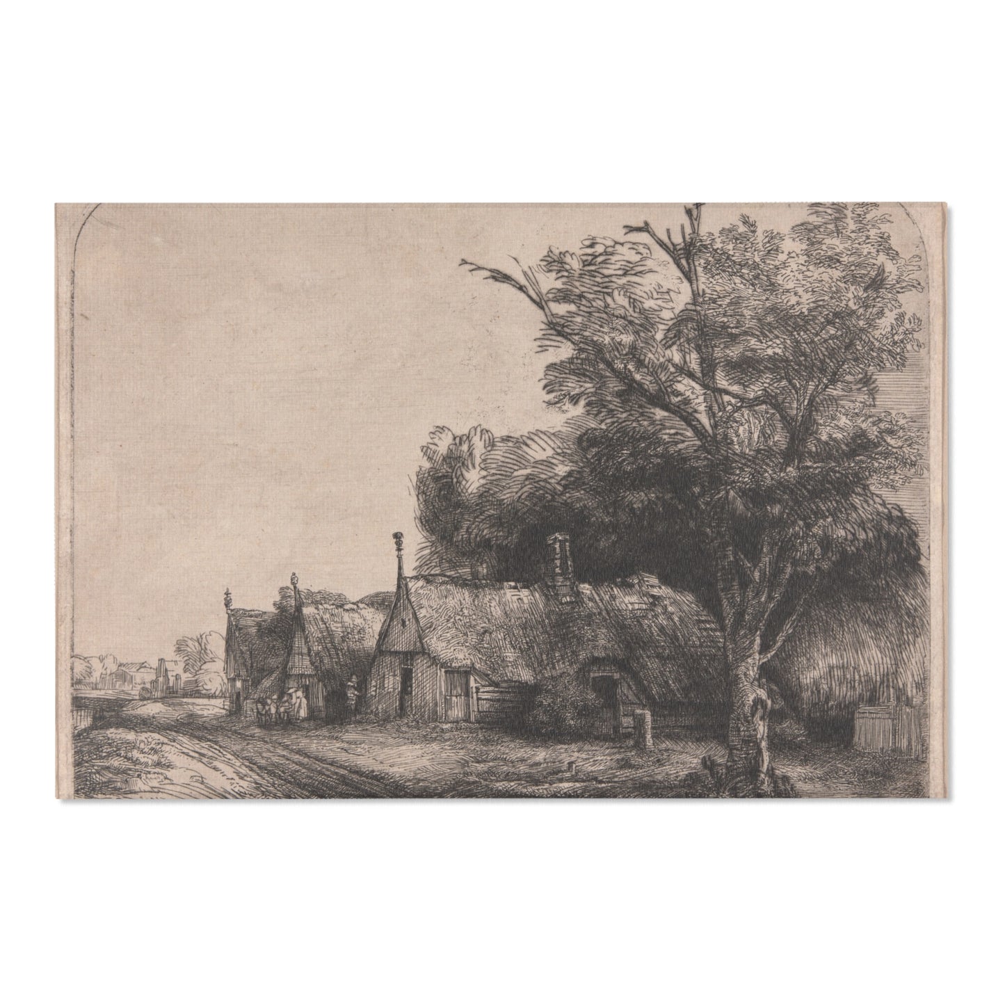 Rembrandt van Rijn - Landscape with Three Gabled Cottages Beside a Road | Area Rug