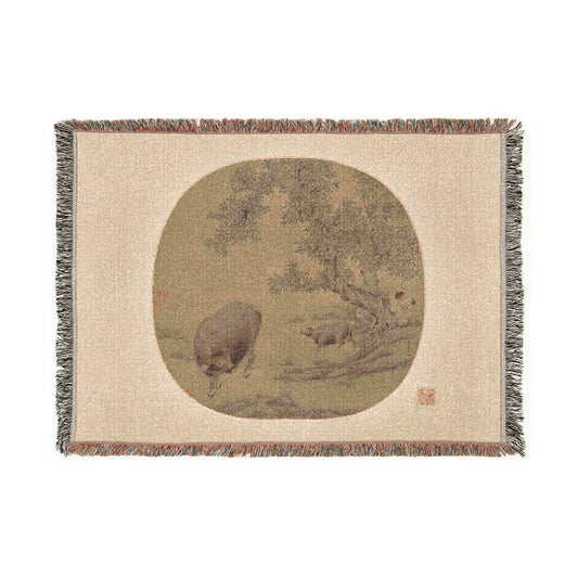Man Buffalo and Calf Tapestry Blanket