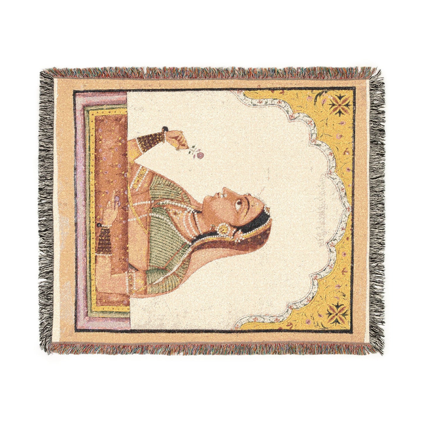 Noblewoman at a Jharokha Window Holding a Rose, from a Portraits of Women series Woven Throw Blanket