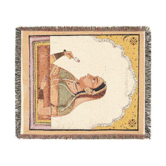 Noblewoman at a Jharokha Window Holding a Rose, from a Portraits of Women series Woven Throw Blanket