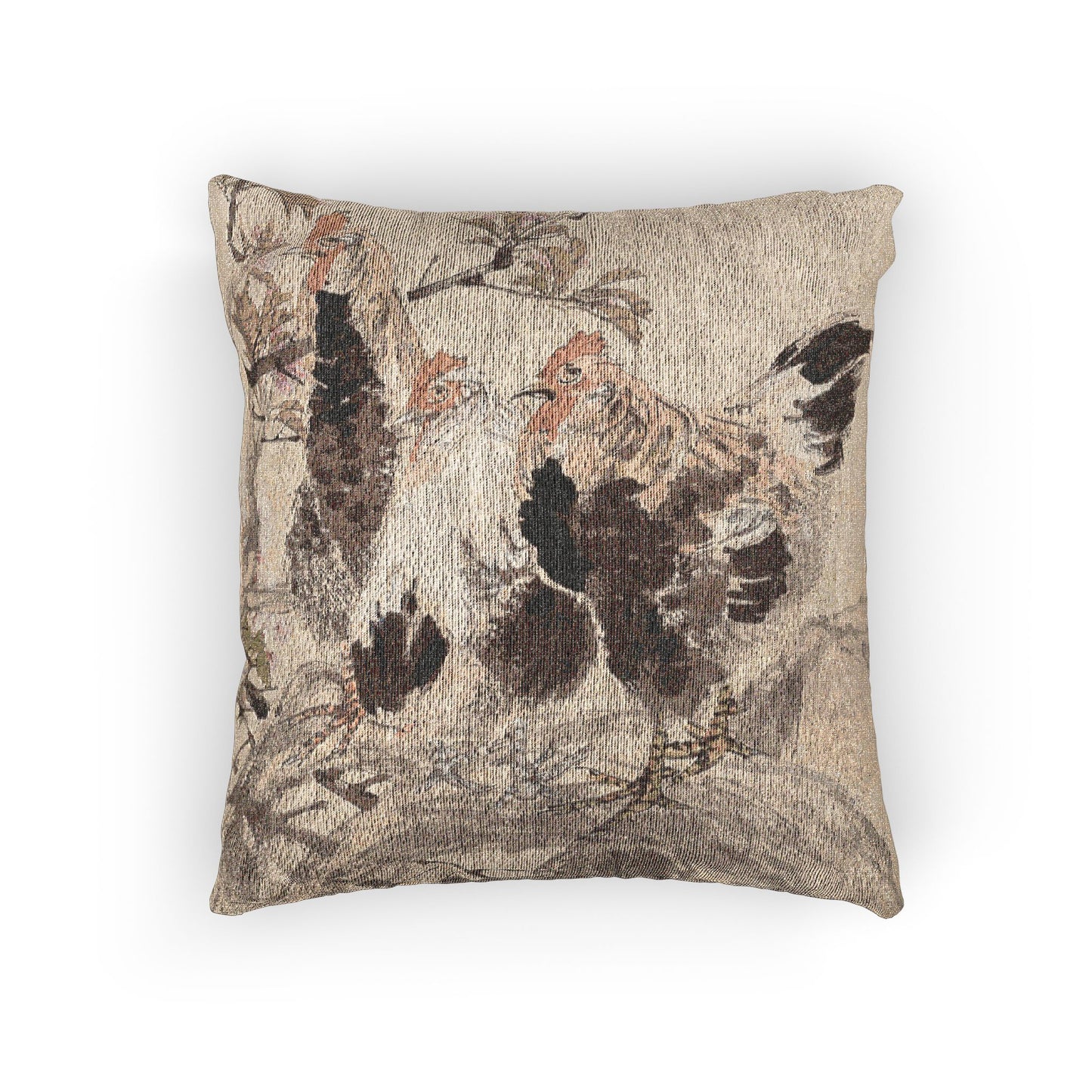 Roosters and Blossoming Apricots Woven Pillow
