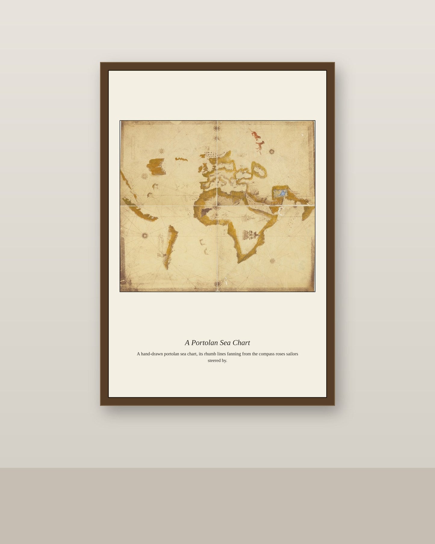 1500s Kunstmann II Portolan antique nautical chart print shown framed on a wall in a styled room
